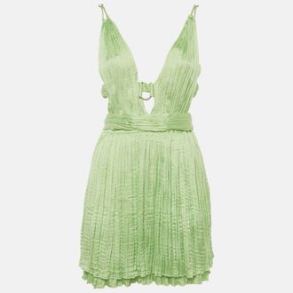 Maje Lime Green Satin Pliss&eacute; Plunge Neck Mini Dress
