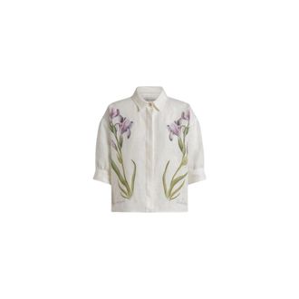 Alberta Ferretti Alberta Ferretti, Shirts, female, White, Size: XL Linen Short-Sleeved Shirt with Print