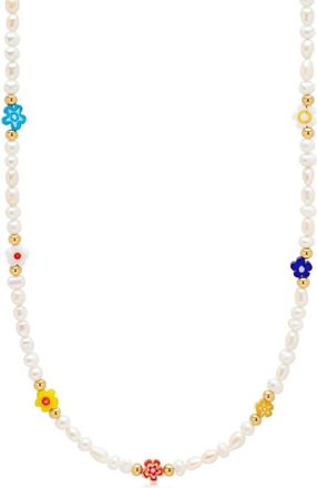 Nialaya Flower-beads pearl necklace - women - Freshwater Baroque Pearl/glass - 43 - Neutrals