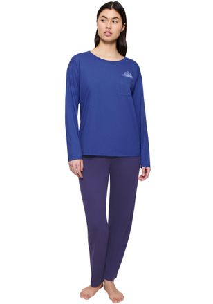 Triumph Schlafanzug TRIUMPH, Damen, Gr. 36, blau (blau, schwarz), Single Jersey, Obermaterial: 100% Baumwolle, bequem lang, Rundhals, Homewear-Sets Schlafanzu
