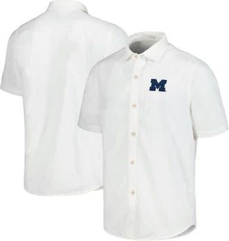 Tommy Bahama Mens Tommy Bahama White Michigan Wolverines Coconut Point Palm Vista IslandZone Camp Button-Up Shirt at Nordstrom, Size X-Large