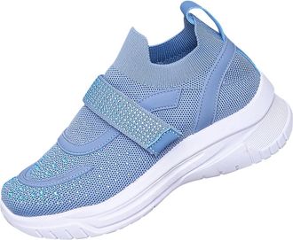Generic Sky Blue Ladies Everyday Casual Sneakers with Deep Mouth Thick Sole Breathable Beaded Fly Woven Rhinestone for Sports Wear