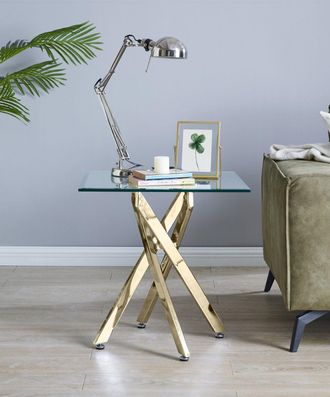 Furniturebox Leonardo Square Glass Side End Bedside Table with Metal Angled Starburst Legs for Modern Living Rooms in Gold
