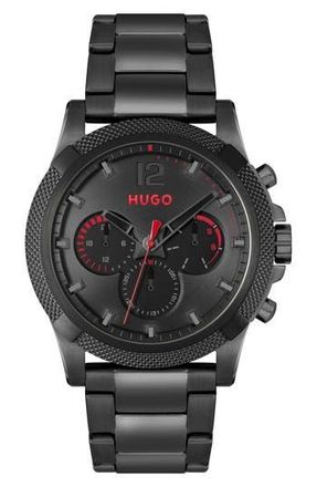 BOSS Impress Chronograph Leather Strap Watch, 46mm in Black Dial at Nordstrom Rack