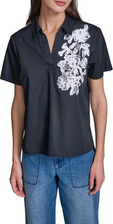 Karl Lagerfeld Lace Appliqu&eacute; Woven Shirt in Midnight Navy at Nordstrom, Size X-Small