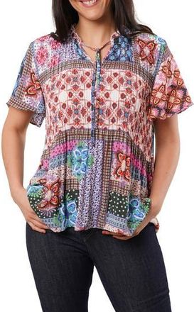 Sunny Leigh Ruffle Pleated Tie Neck Short Sleeve Top in Ariel at Nordstrom Rack, Size X-Large