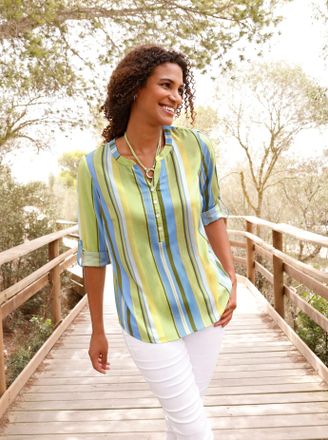 Casual Looks Schlupfbluse CASUAL LOOKS, Damen, Gr. 36, pistazie, eisblau, gestreift, 100% Viskose, gemustert, gestreift, mehrfarbig, Rundhals, Blusen Schlupfbluse