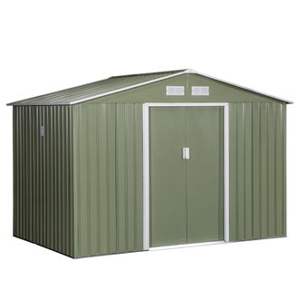 OUTSUNNY Cobertizo De Jard&iacute;n De Exterior 4,9 M&sup2; 277x195x192 Cm Caseta De Jard&iacute;n Con 2 Puertas Corredizas Base Refuerzo (suelo No Incluido) Verde Claro