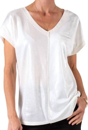 Made in Italy Two Tone V Neck T-Shirt With Faux Pocket In Ivory