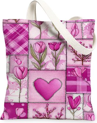 Generic Floral Patchwork Canvas Tote Bags, Vintage Flower Design Lightweight Reusable Shopping Bags, Spring Bohemian Stylish Eco-Fr, Peach, 13x15 Inch