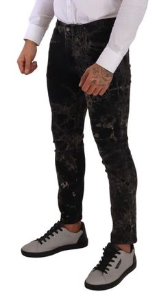 Dolce & Gabbana Mens Black Patterned Skinny Slim Fit Jeans And Gray Cotton Clothing