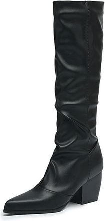 Generic Womens Pull on Knee High Boots Pointed Toe PU Leather Knight Boots Chunky Heel Casual Long Boot,Black,5.5 UK