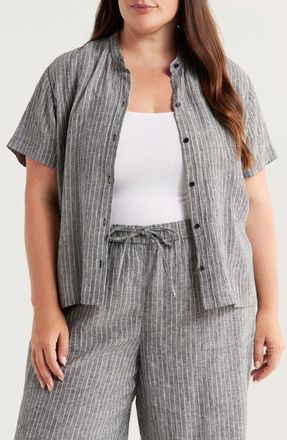 Eileen Fisher Mandarin Collar Organic Linen Button-Up Shirt in Black/White at Nordstrom, Size 1X