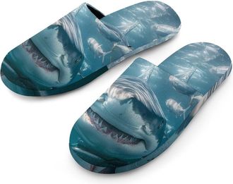 Generic Shark And Fish Flannel Mens Slip-on Slippers Winter Warm House Shoes with Rubber Sole for Home Hotel