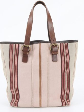 Bottega Veneta Pink Leather Canvas Handbag Shoulder Bag Tote Bag (Pre-Owned)
