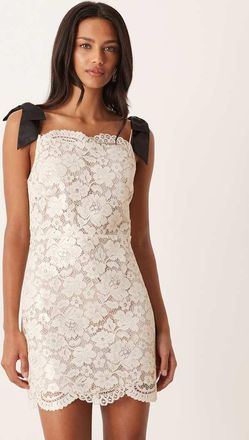 For Love & Lemons Vestito corto accollato color crema con bordi smerlati in pizzo-Oro