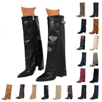 Generic Womens Boots with Heel Leather, Suede Fold Over Cowboy Boots, Over-the-knee Boots, Womens Elegant, Half Height Pointed Wide Shaft Boots, Half Boots fo