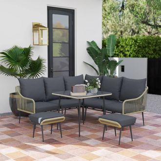 OUTSUNNY 6 Piece Garden Furniture Set Garden Sofa with Cushions in Light Grey