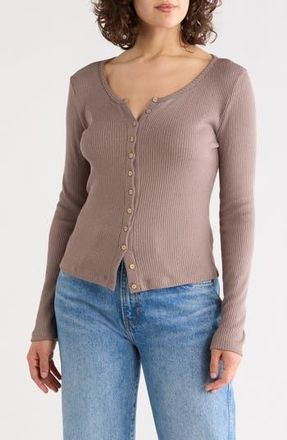 Renee C Button Front Long Sleeve Ribbed Top in Mocha at Nordstrom Rack, Size X-Small