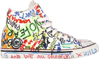 VETEMENTS Graffiti Printed High-Top Sneakers in White Canvas