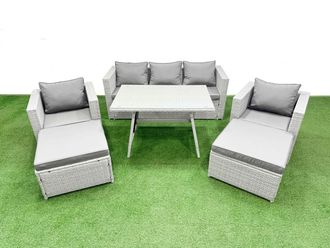 Fimous 7 Pieces Outdoor PE Rattan Sofa Armchair Set with 2 Big Stools in Light Grey