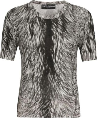 Dolce & Gabbana Fur Print Zijden Trui - Dames - T-shirts - Grijs - M - Tops