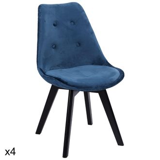 Happy Garden Lote de 4 sillas en terciopelo azul y madera de haya negra