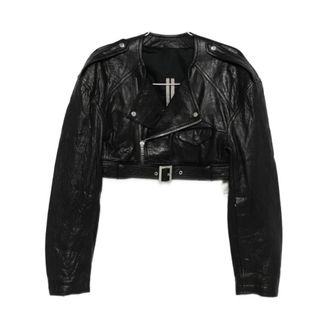 Rick Owens Micro Biker Belted Jacket - Dames - Leren en Su&egrave;de Jassen - Zwart - M - Leer - Jassen