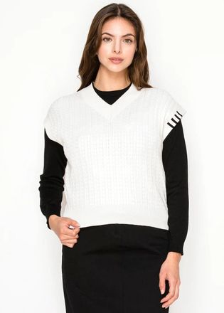YAL New York White Cable Knit Vest with Black Stripe Detail