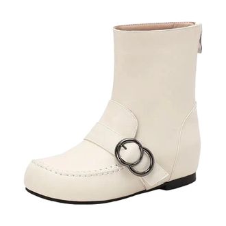 Generic Womens Vintage Style Mid Calf Boots Round Toe Hidden Wedge Heel With Side Zipper And A Decorative Buckle