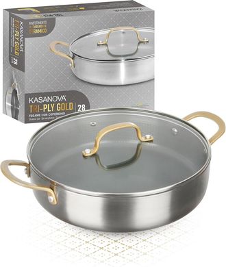 KASANOVA Tegame 28 cm triplo strato Tri Ply - Gold con coperchio