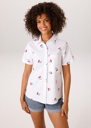 Aniston Hemdbluse ANISTON CASUAL, Damen, Gr. 42, weiss (wei&szlig;, rot, dunkelgr&uuml;n), Web, Obermaterial: 95% Baumwolle, 5% Elasthan, bedruckt, l&auml;ssig geschnitten h&uuml;