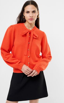 French Connection Womens Orange Knit Long Balloon Sleeve Bow-Tie Neck Button-Up Cardigan - Size X-Large