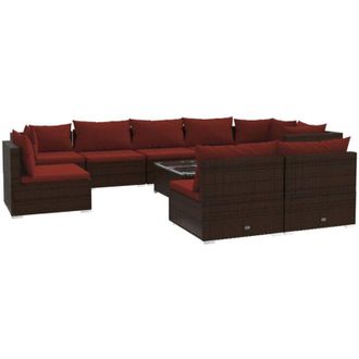 vidaXL Set Muebles De Jard&iacute;n 10 Pzas Y Cojines Rat&aacute;n Sint&eacute;tico Marr&oacute;n Vidaxl