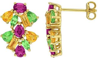 Rina Limor Silver 3.26 Ct. Tw. Rhodolite, Tsavorite, Citrine, Yellow Sapphire Double Floral Drop Earrings