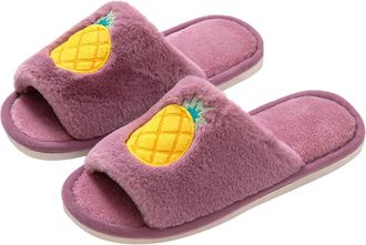 Generic Ladies Slippers Women Fuzzy Faux Memory Foam Flat Slide Open Toe Shoes With Strawberry Watermelon Fruit Embroidery For Home Use Womens House Slippers(