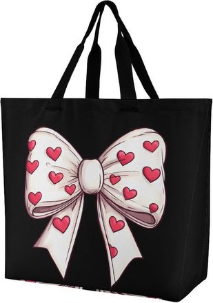 Generic Valentines Day Heart Bow Reusable Shopping Bags One Shoulder Grocery Tote Bag Waterproof Big Purse for Work Travel