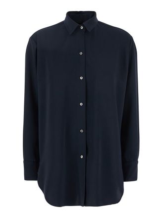 Plaîn Blue Shirt With Classic Collar In Tech Fabric Woman