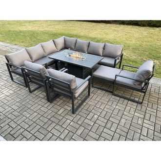 Fimous Fimous Aluminium 11 Seater Garden Furniture Outdoor Set Patio Lounge Sofa Gas Fire Pit Dining Table Set with 3 Chairs Big Footstool Dark Grey