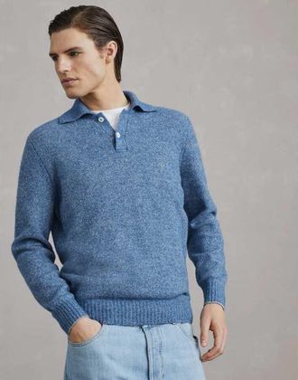 Brunello Cucinelli Mens Blue Wool Blend Polo Collar Sweater, Size 44