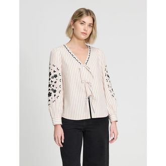 Finery Karlee Cotton Embroidered Tie Front Top in Neutral Stripe at Nordstrom, Size 20
