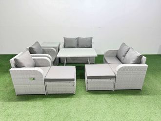 Fimous 8 Seater PE Rattan Garden Furniture Set Outdoor Love Sofa Sets in Light Grey