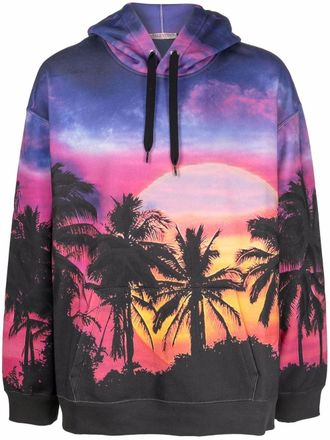 Valentino Garavani Palmscape-print drawstring hoodie - men - Cotton - M - Blue