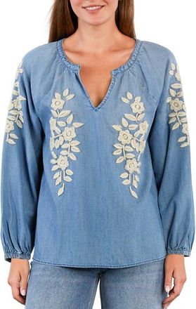 BILLY T Boho Jo Floral Embroidered Denim Popover Top at Nordstrom, Size X-Small