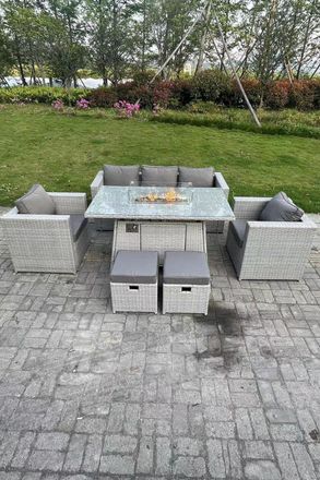 Fimous Rattan Garden Furniture Set Gas Fire Pit Dining Table Set Heater Burner Chairs in Light Grey