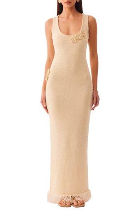 SNDYS Monroe Reversible Metallic Knit Maxi Sweater Dress in Champagne at Nordstrom, Size X-Small