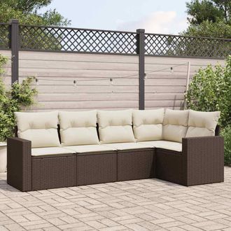 vidaXL Set Comedor De Jard&iacute;n 5 Piezas Y Cojines Rat&aacute;n Sint&eacute;tico Marr&oacute;n Vidaxl