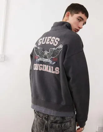 Guess Originals washed half zip sweatshirt in black with back embroidery