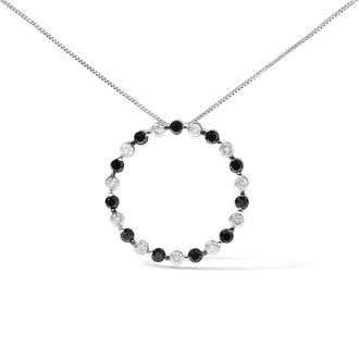 House of Brilliance 925 Sterling Silver 1 3/4 Cttw Alternating Black & White Diamond Open Circle Hoop Pendant Necklace