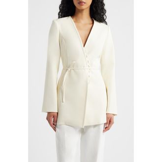 Extro&Vert Avril Scallop Trim Tie Waist Blazer in Cream at Nordstrom, Size X-Small